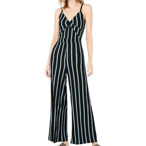 Bar III Jumpsuit Women 14 Black Blue Striped Twist Front V Neck Wide Leg‎